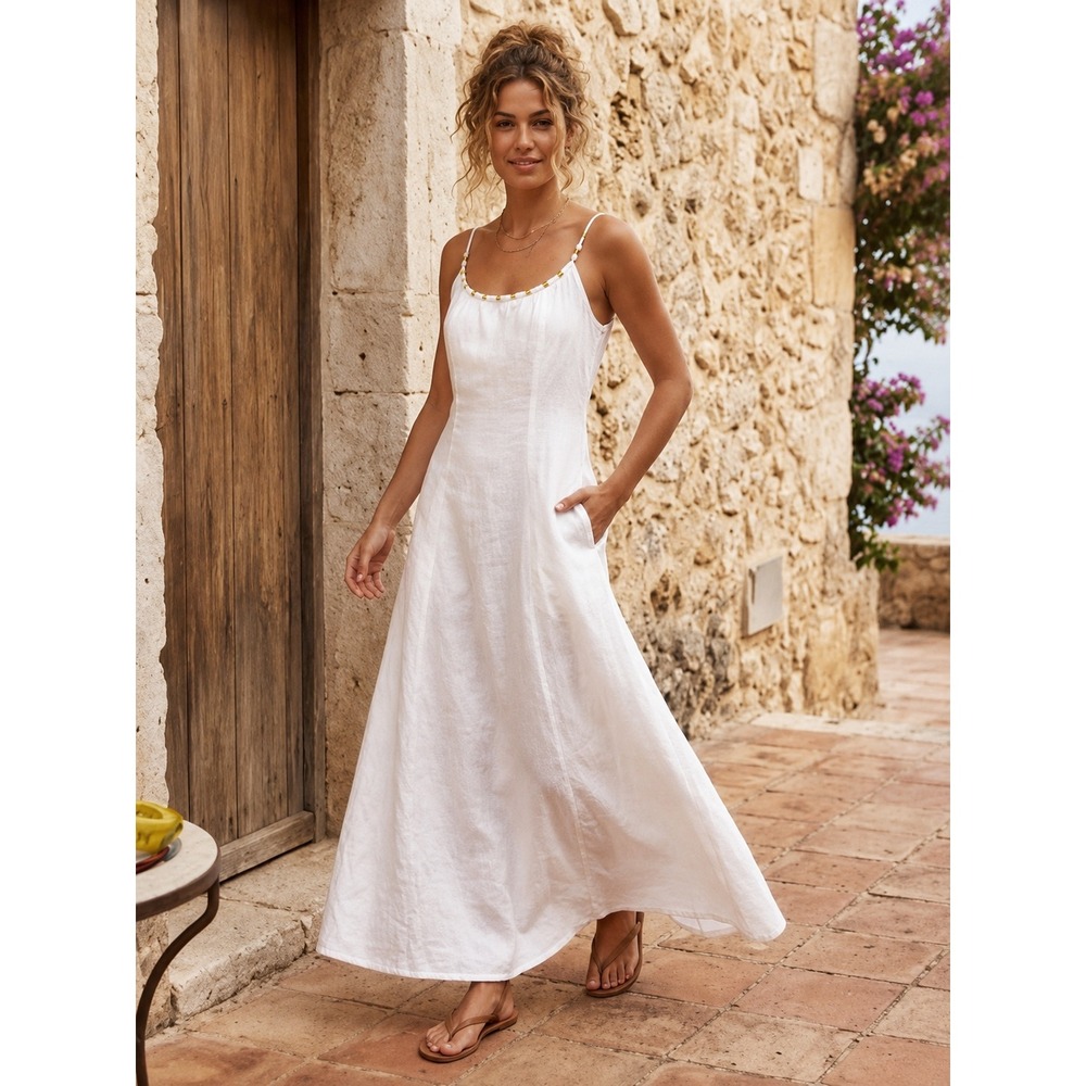 Calypso St. Barth White Linen Maxi Dress 12 Beaded Straps Boho Resort